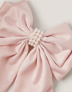 Long Pearl Satin Bow Hair Clip Pink