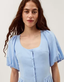Lottie Puff Sleeve Linen Blend Midi Dress Blue