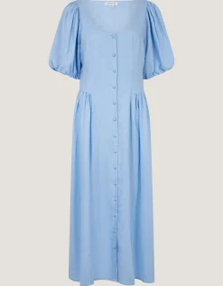Lottie Puff Sleeve Linen Blend Midi Dress Blue