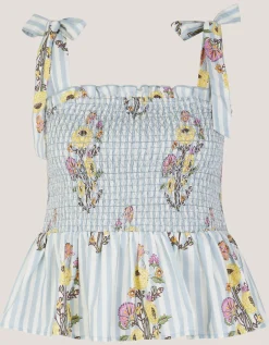 Lucille Floral Stripe Smocked Top Blue