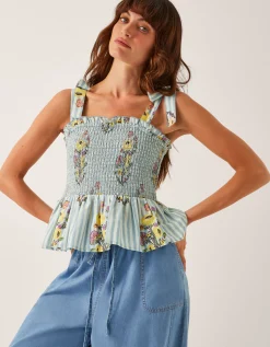 Lucille Floral Stripe Smocked Top Blue