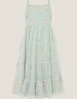 Luna Floral Embroidered Mesh Party Dress Green