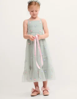 Luna Floral Embroidered Mesh Party Dress Green