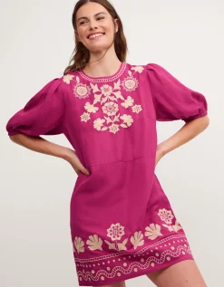 Lydia Embroidered Linen Blend Mini Dress Pink