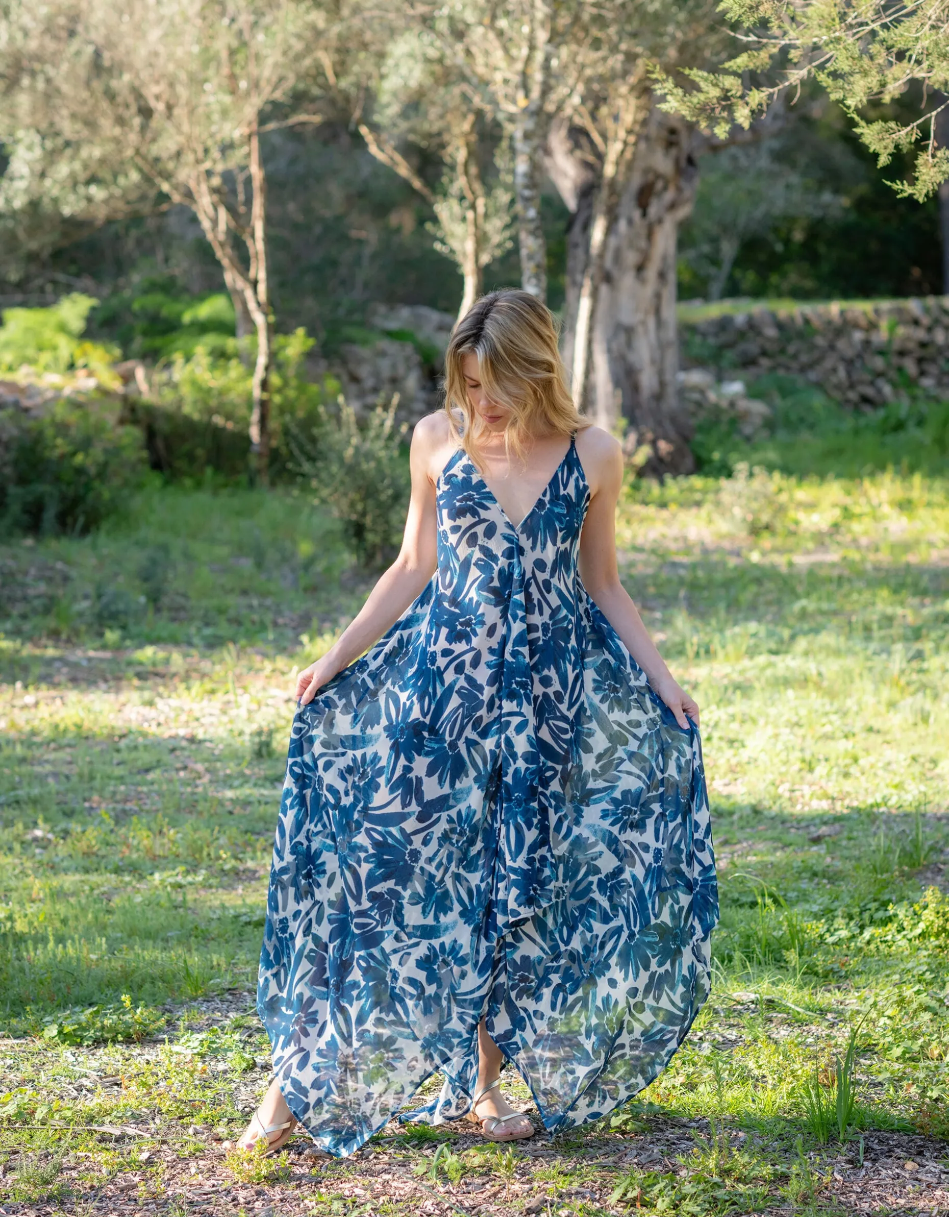 Lyrical Sisters Floral Print Handkerchief Slip Dress Blue