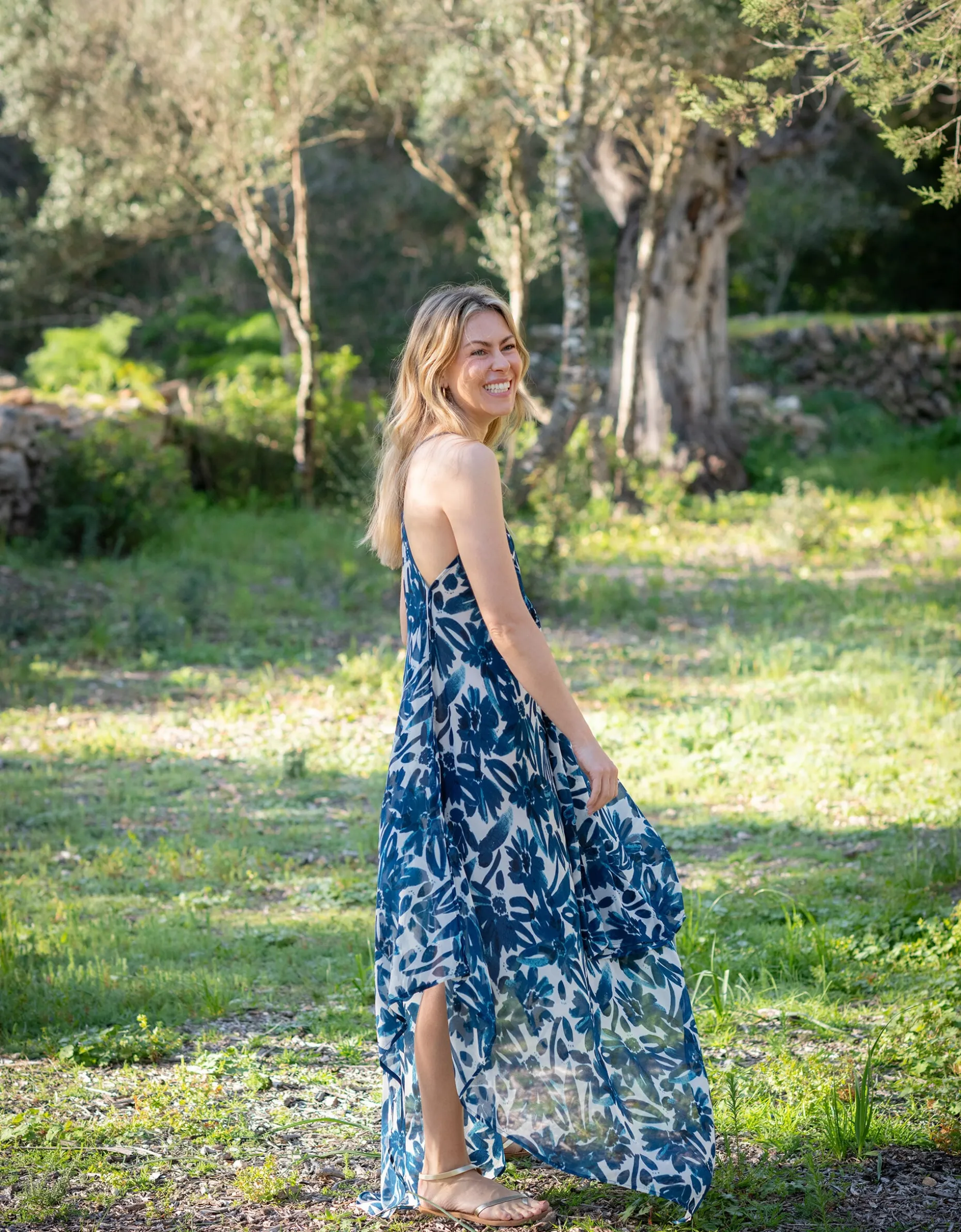 Lyrical Sisters Floral Print Handkerchief Slip Dress Blue
