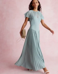 Madison Flutter Sleeve Pleated Bridesmaid Dress Green