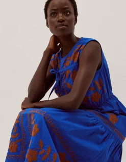 Madison Sleeveless Embroidered Midi Dress Blue