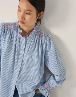 Maeve Ruffle Stripe Shirt Blue