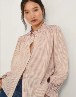 Maeve Ruffle Stripe Shirt Camel