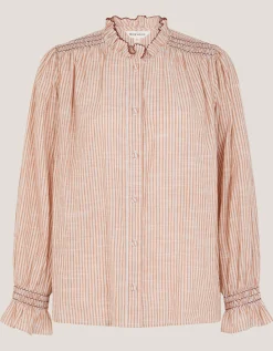 Maeve Ruffle Stripe Shirt Camel