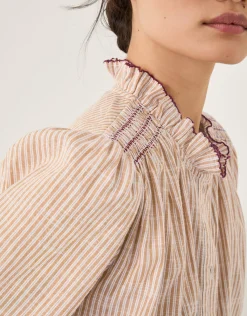 Maeve Ruffle Stripe Shirt Camel