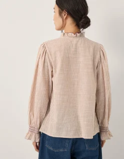 Maeve Ruffle Stripe Shirt Camel