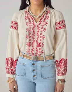 Maison Hotel Antonella Floral Embroidered Blouse Red