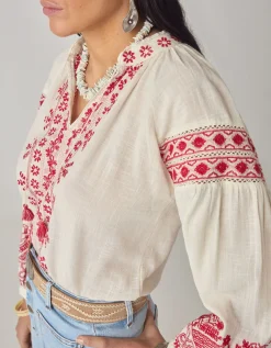 Maison Hotel Antonella Floral Embroidered Blouse Red