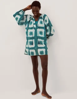 Malia Artisanal Print Mini Kaftan Teal