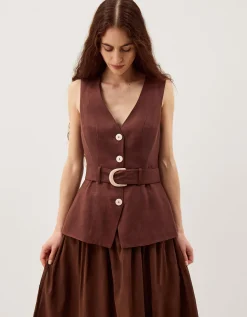 Margot Belted Linen Blend Midi Dress Brown
