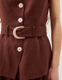 Margot Belted Linen Blend Midi Dress Brown