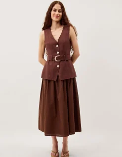 Margot Belted Linen Blend Midi Dress Brown