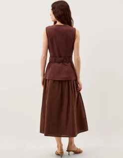 Margot Belted Linen Blend Midi Dress Brown