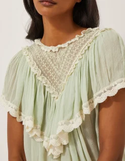 Maria Sheer Lace Ruffle Top Green