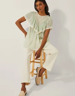 Maria Sheer Lace Ruffle Top Green