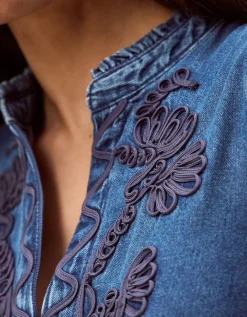 Melissa Embroidered Denim Midi Dress Blue