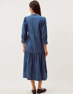 Melissa Embroidered Denim Midi Dress Blue
