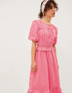 Mel Puff Sleeve Gingham Midi Dress Red