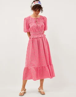 Mel Puff Sleeve Gingham Midi Dress Red