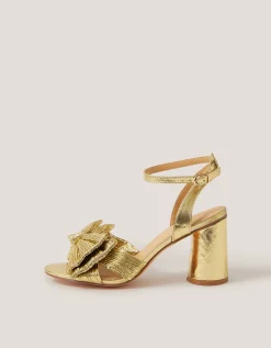 Metallic Bow Block Heel Sandals Gold