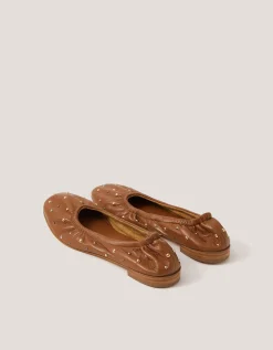 Mila Leather Stud Ballet Pumps Tan