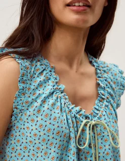 Millie Print Frill Top Blue