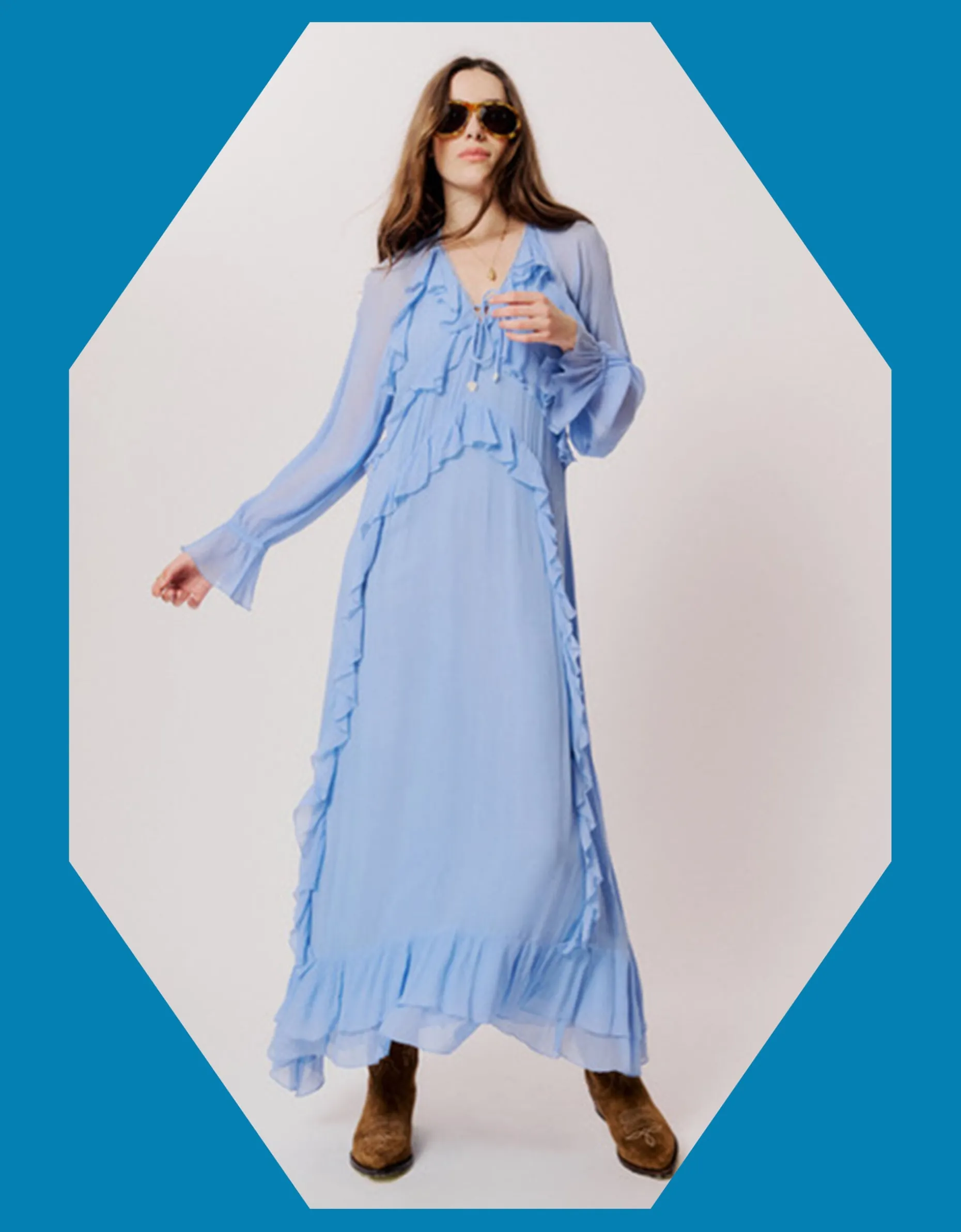 Moliin Long Sleeve Ruffle Maxi Dress Blue