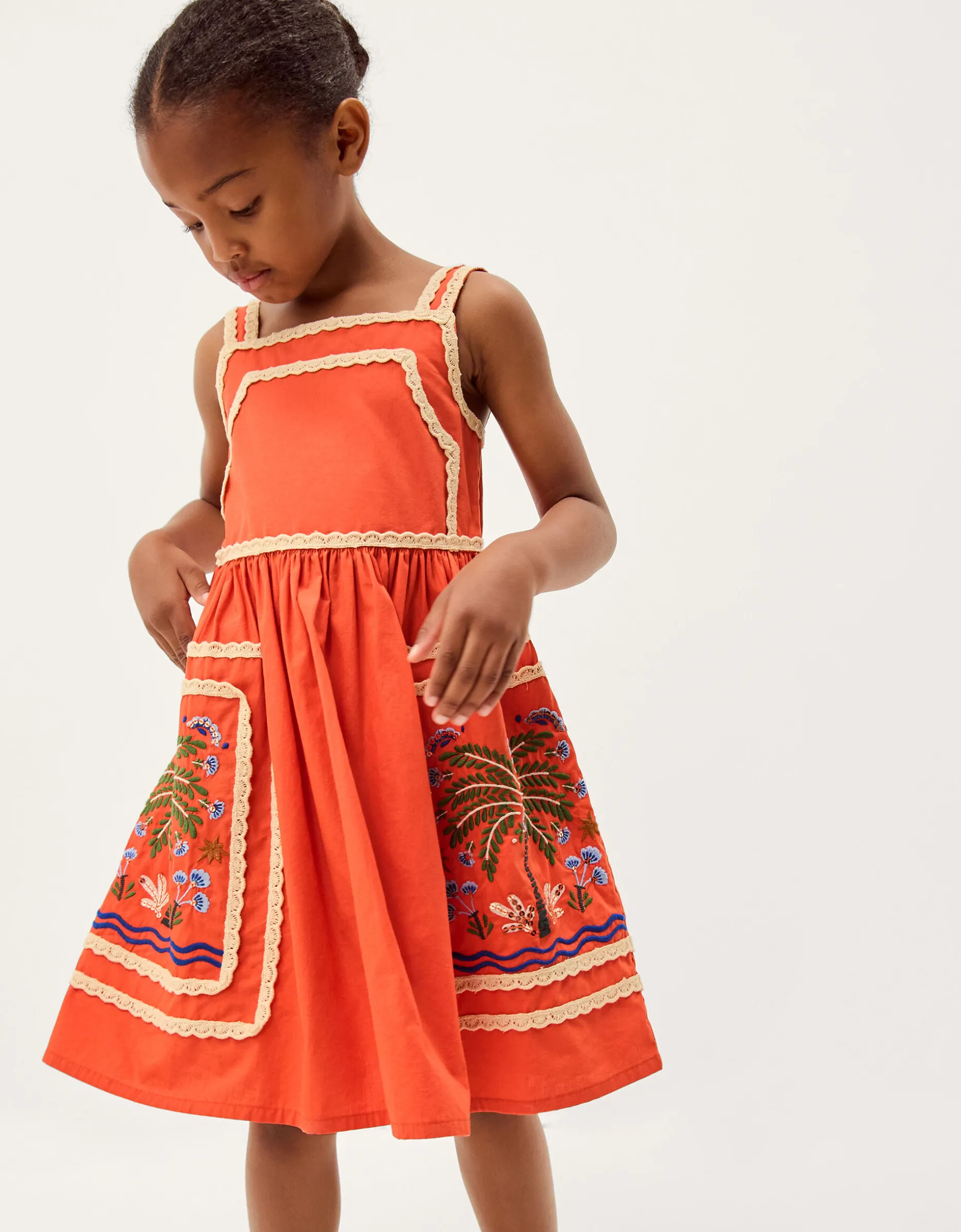 Monsoon x Charlie Taylor Palm Embroidered Dress Orange