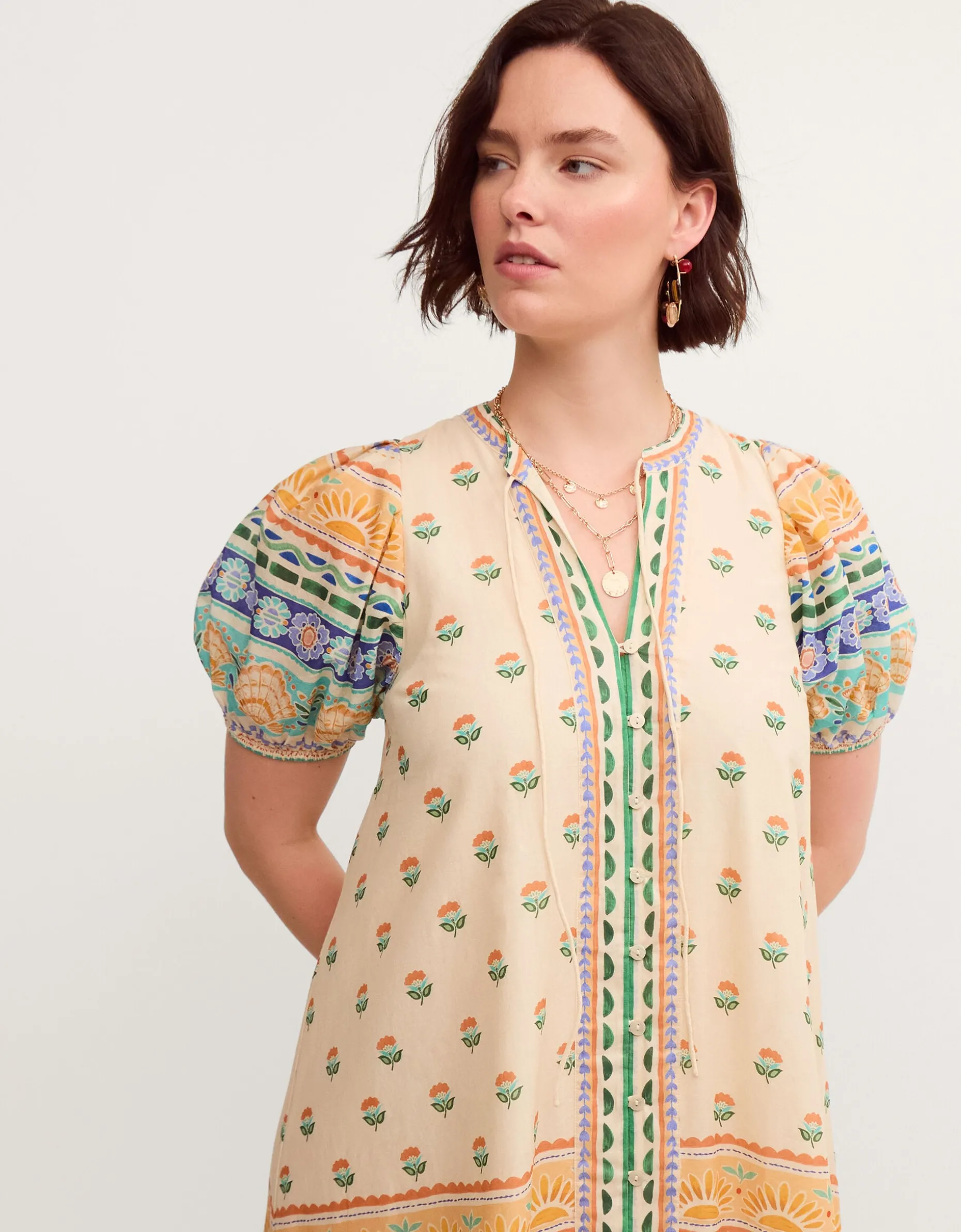 Monsoon x Charlie Taylor Printed Puff Sleeve Midi Dress Ivory