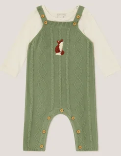 Newborn Fox Cable Knit Dungarees Set Green