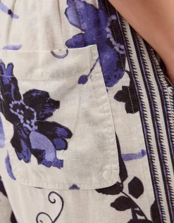 Nicolette Floral Linen Blend Wide Leg Trousers Blue