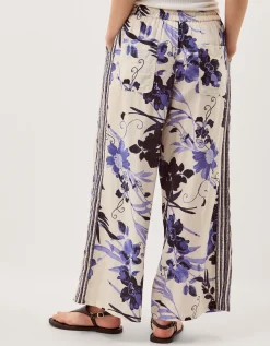 Nicolette Floral Linen Blend Wide Leg Trousers Blue