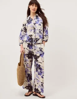 Nicolette Floral Linen Blend Wide Leg Trousers Blue