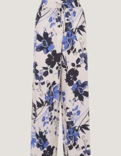 Nicolette Floral Linen Blend Wide Leg Trousers Blue