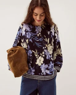 Nicolette Floral Linen Blend Top Blue