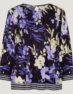Nicolette Floral Linen Blend Top Blue