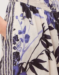 Nicolette Floral Linen Blend Midi Dress Blue