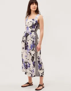 Nicolette Floral Linen Blend Midi Dress Blue