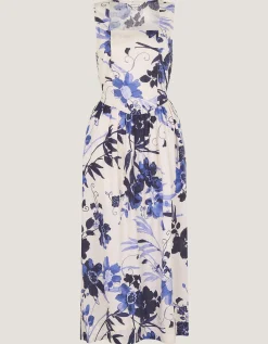 Nicolette Floral Linen Blend Midi Dress Blue