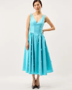 Odette Floral Appliqué Fit & Flare Midi Dress Blue