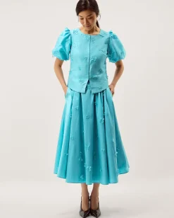 Odette Puff Sleeve Floral Appliqué Jacket Blue