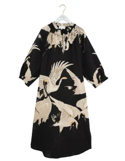 One Hundred Stars Stork Print Midi Dress Black
