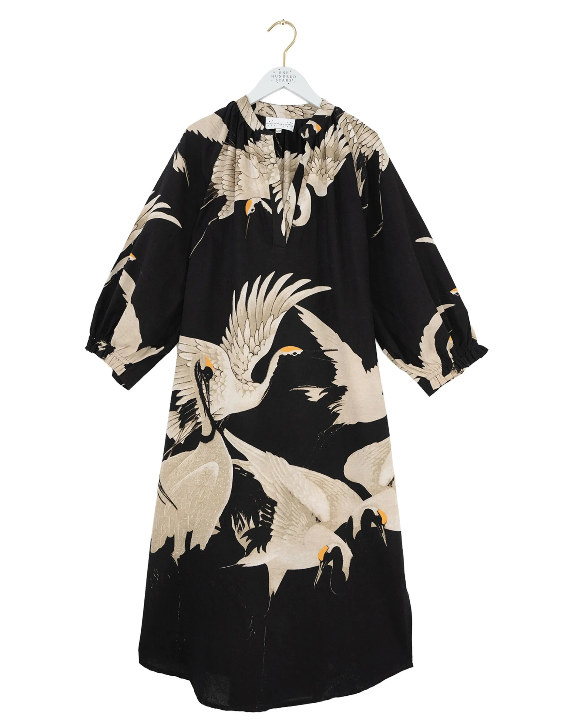 One Hundred Stars Stork Print Midi Dress Black